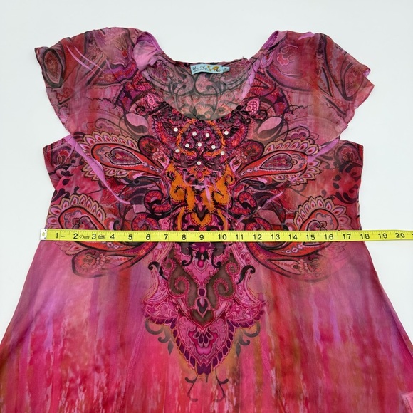 Unity World Wear Women’s Pink Orange Studded Patterned Top Medium Flutter Sleeve - Picture 12 of 14